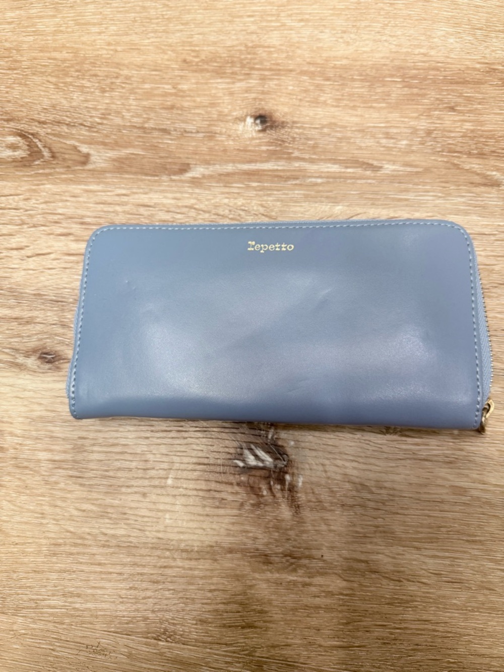 Repetto Powder Blue Leather Zip Wallet with Gold Logo